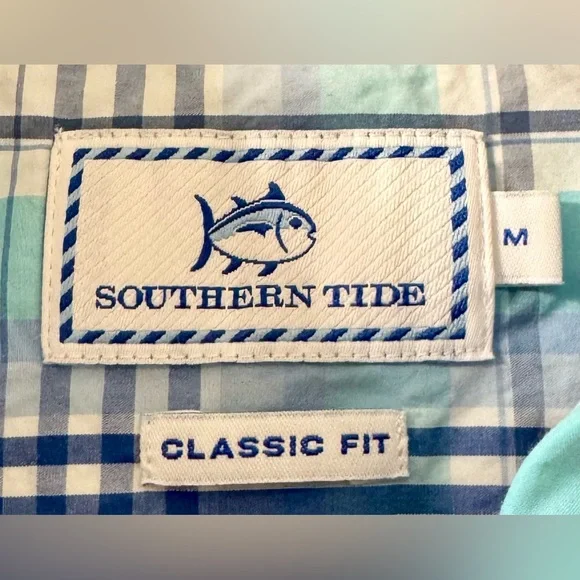 Southern Tide Aqua and Navy Plaid Men's Shirt - Picture 3 of 5
